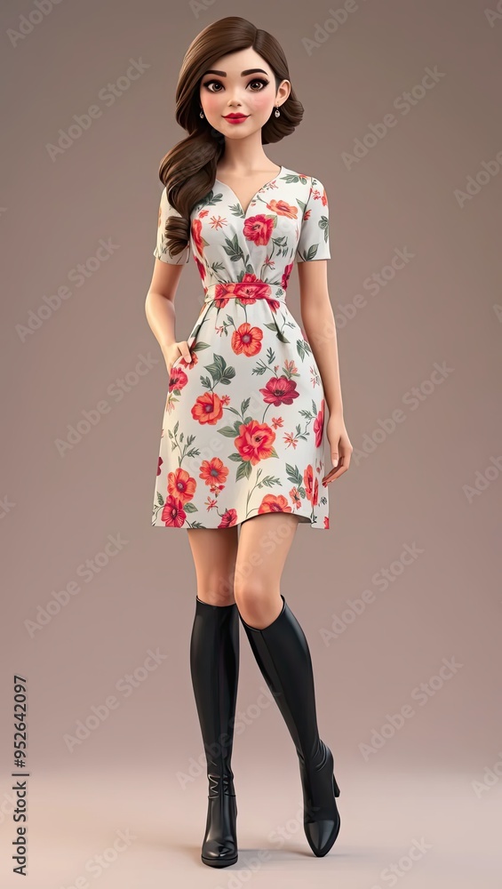Cartoon Woman in Floral Dress and Boots Cartoon Woman in Floral Dress and Boots