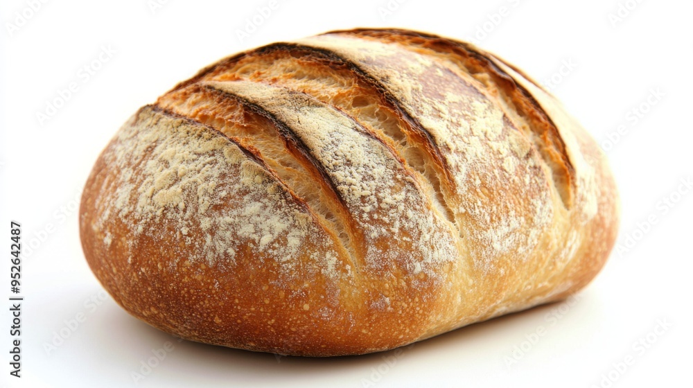 Close-up of a freshly baked loaf of bread with a golden crust, placed on a clean white background, highlighting its texture and rustic appearance. Close-up of a freshly baked loaf of bread with a golden crust, placed on a clean white background, highlighting its texture and rustic appearance.