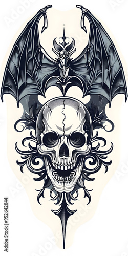 Tribal Skull and Bat tattoo flash styles illustration