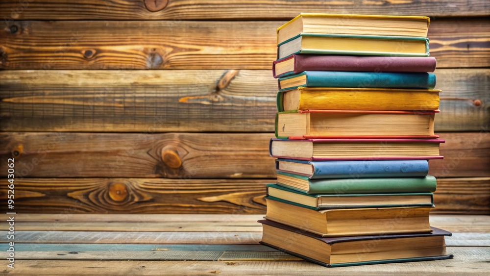 A neatly organized stack of old and new books in various colors and sizes lies flat on a wooden table, surrounded by empty space. A neatly organized stack of old and new books in various colors and sizes lies flat on a wooden table, surrounded by empty space.
