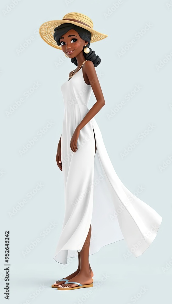 Beautiful Black Woman in Summer Dress and Straw Hat Beautiful Black Woman in Summer Dress and Straw Hat