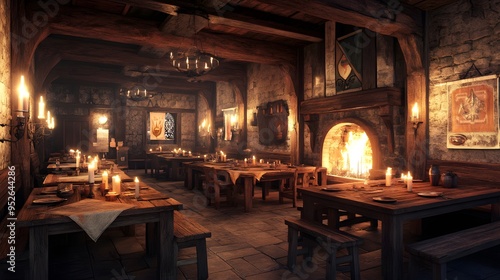 Inviting medieval tavern featuring wooden tables candlelight and a roaring fireplace Warm with rich wood tones and soft flickering light realistic 3D rendering