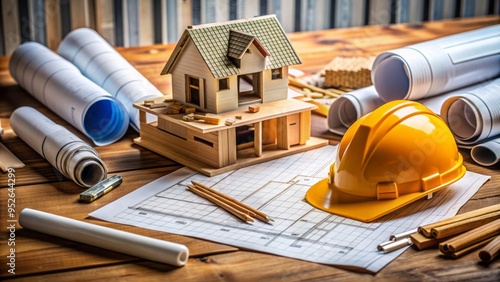 A rolls of blueprints and architectural sketches lie scattered on a wooden workbench surrounded by construction hats, tools, and a partially built miniature model.