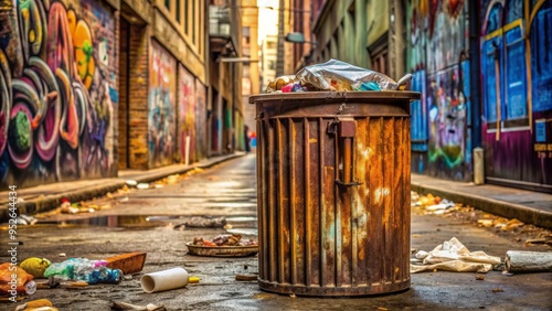 A rusted, overflowing trash can with a open lid, surrounded by litter and debris, against a dirty, urban alleyway background with graffiti-covered walls. photo