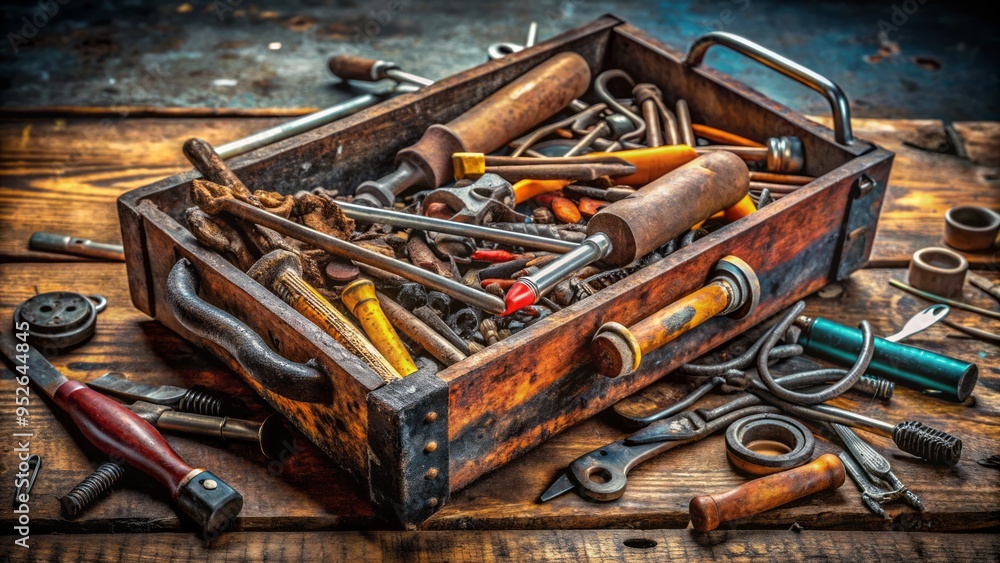 A rusty old toolbox filled with worn-out hammers, screwdrivers, and pliers lies on a cluttered workbench amidst scattered screws, nuts, and bolts. A rusty old toolbox filled with worn-out hammers, screwdrivers, and pliers lies on a cluttered workbench amidst scattered screws, nuts, and bolts.