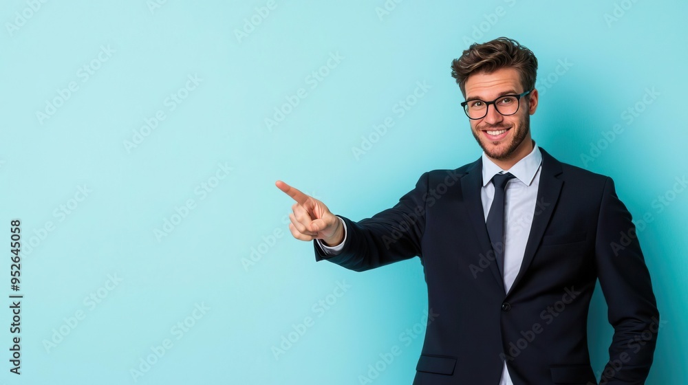 A confident businessman in a suit smiling and pointing towards a blank space, ideal for corporate and marketing visuals. A confident businessman in a suit smiling and pointing towards a blank space, ideal for corporate and marketing visuals.