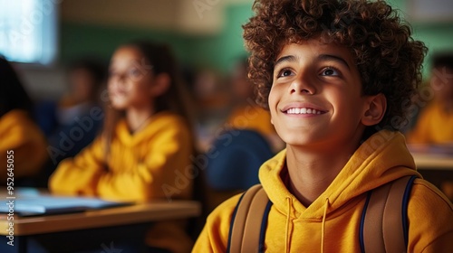 A joyful boy in a classroom, wearing a yellow hoodie, engaged in learning while classmates listen attentively in the background.