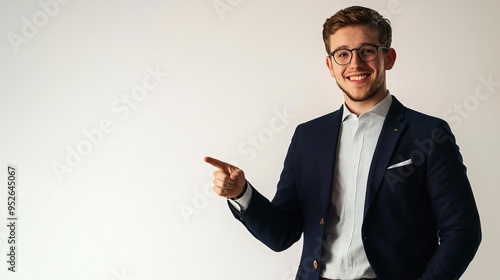 A young professional in a suit smiles and gestures positively, conveying confidence and approachability in a studio setting.