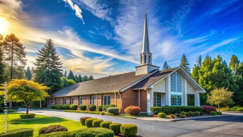 A serene exterior view of a modern Seventh-Day Adventist church with a steeple, surrounded by lush greenery and parking spaces on a sunny day. photo