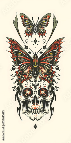 Tribal Skull and Butterfly tattoo flash styles illustration