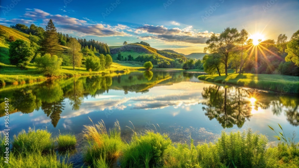 A serene summer morning in Brookings, South Dakota, with a tranquil lake reflecting the sun's warm rays amidst lush green trees and rolling hills. A serene summer morning in Brookings, South Dakota, with a tranquil lake reflecting the sun's warm rays amidst lush green trees and rolling hills.
