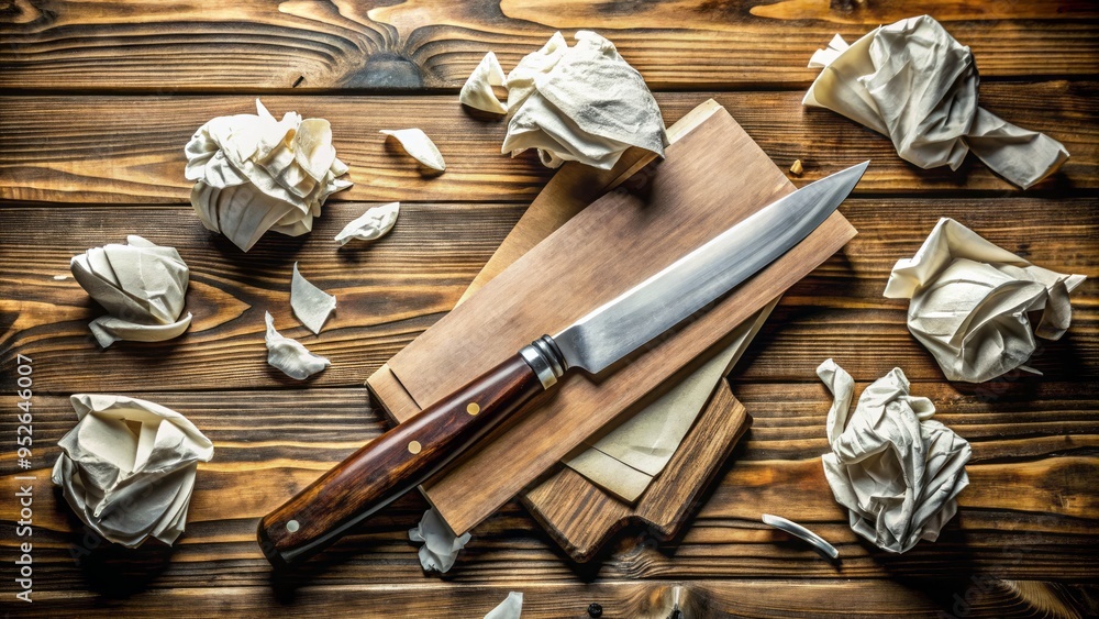 A sharp kitchen knife lies on a worn wooden table, surrounded by scattered law books and crumpled papers, blurring the line between culinary art and legal battles.