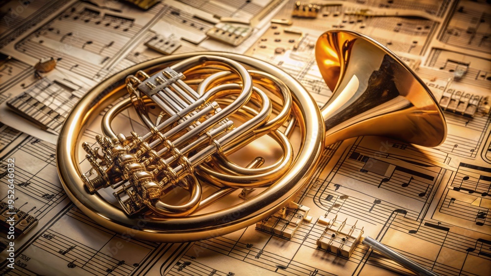 Naklejka premium A shiny brass French horn lies on a sheet of music, surrounded by scribbled notes and musical symbols, evoking a sense of creative expression.