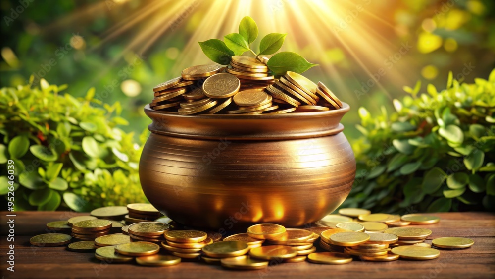A shiny gold pot overflowing with coins and stacks of cash, surrounded by lush greenery, symbolizing wealth, prosperity, and financial success. A shiny gold pot overflowing with coins and stacks of cash, surrounded by lush greenery, symbolizing wealth, prosperity, and financial success.