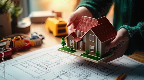 A person holds a miniature house model above a detailed architectural plan, showcasing creative design and planning. photo