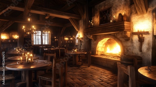 Cozy medieval tavern with a roaring fireplace candle-lit wooden tables Warm inviting with rich wood tones soft flickering light detailed 3D rendering