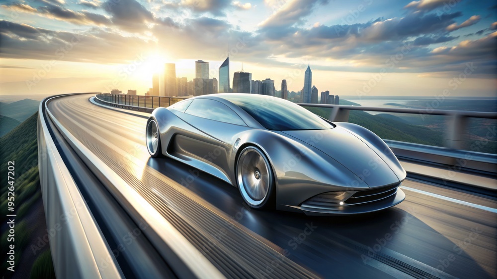 Naklejka premium A sleek, silver bullet-shaped car zooms down a futuristic highway, its aerodynamic design slicing through the air with minimal drag and maximum speed.