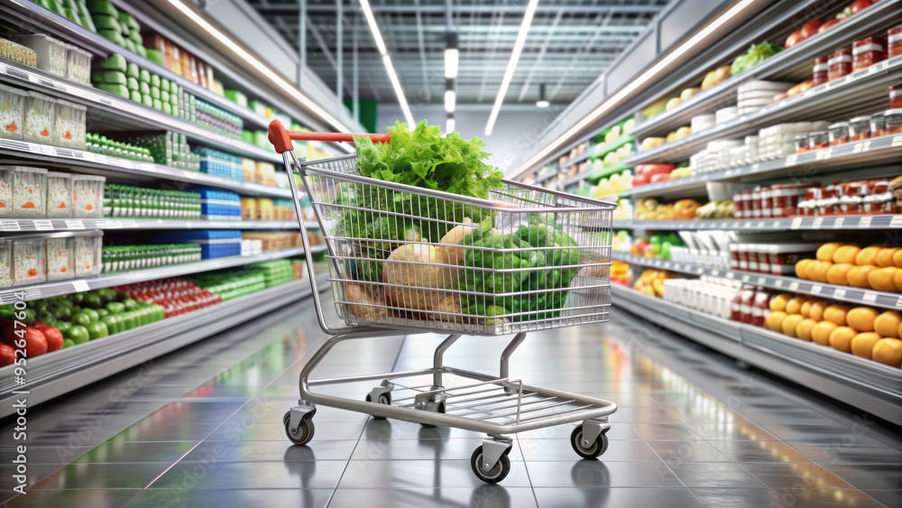 A sleek silver shopping cart filled with assorted fresh produce, dairy products, and packaged goods stands empty in a modern supermarket aisle. A sleek silver shopping cart filled with assorted fresh produce, dairy products, and packaged goods stands empty in a modern supermarket aisle.