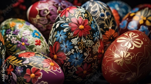 Close-up of vibrantly colored easter eggs with intricate floral patterns, celebrating springtime traditions and festive decor in high detail