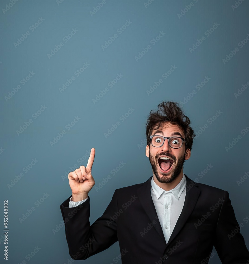 A cheerful man in a suit excitedly points upward against a blue background, representing creativity and inspiration. A cheerful man in a suit excitedly points upward against a blue background, representing creativity and inspiration.