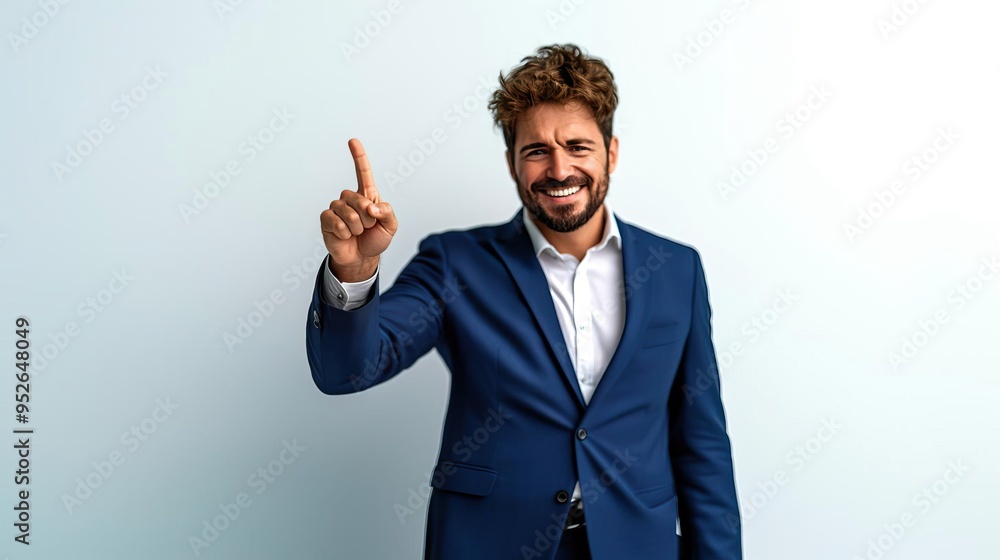 A confident businessman in a suit points upwards, symbolizing idea generation and success in a professional environment. A confident businessman in a suit points upwards, symbolizing idea generation and success in a professional environment.
