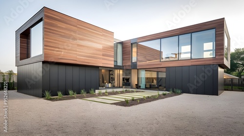 A modern luxury minimalist cubic house with wooden cladding and black panel walls. The house has a front yard with a landscaping design.
