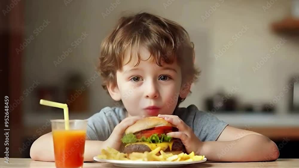 Young Boy Enjoying a Hamburger and French Fries Young Boy Enjoying a Hamburger and French Fries