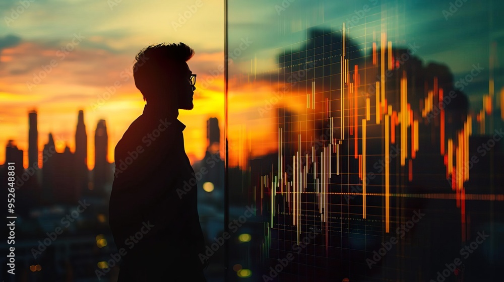 Silhouette of a man observing financial data against a vibrant sunset backdrop, symbolizing analysis and market trends. Silhouette of a man observing financial data against a vibrant sunset backdrop, symbolizing analysis and market trends.