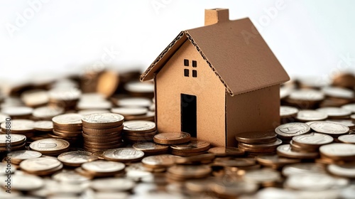 A small cardboard house surrounded by coins, representing investment and savings in real estate and financial growth. photo