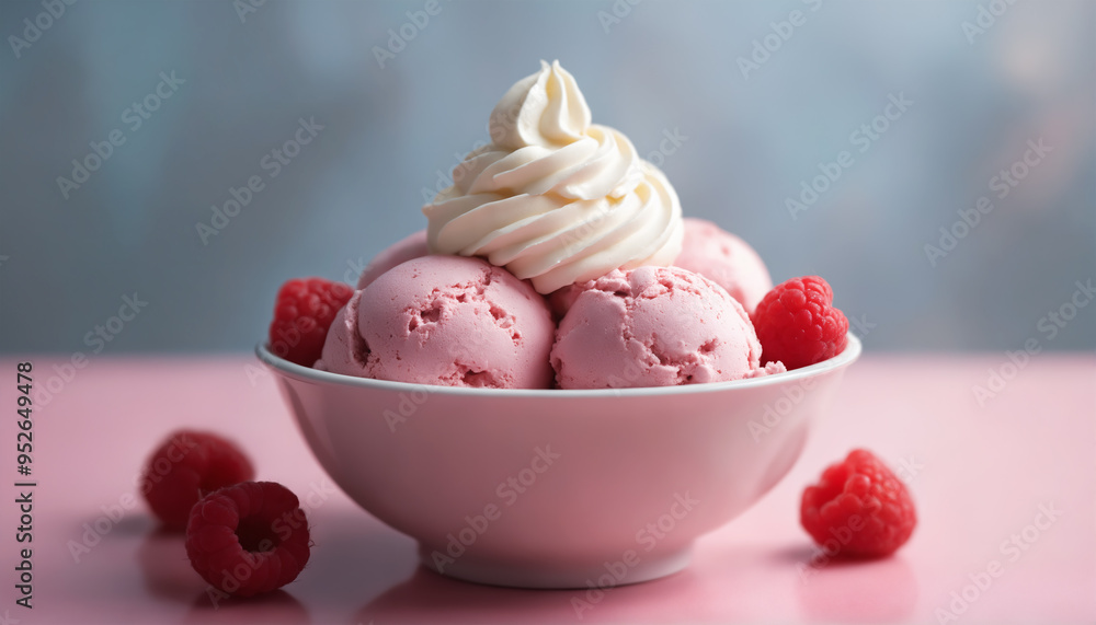 Close-up of a bowl of ice cream. The ice cream is topped with a generous dollop of whipped cream. Close-up of a bowl of ice cream. The ice cream is topped with a generous dollop of whipped cream.