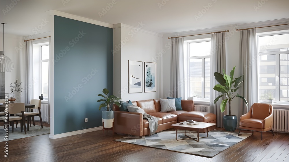 Fototapeta premium A modern apartments' interior. The living room has a blank blue wall, a sofa, a coffee table and a potted plant. The dining room has a table and chairs. 