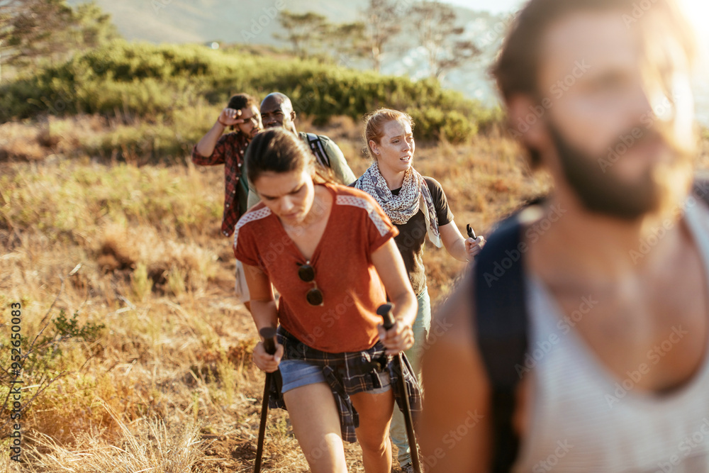 Group of friends hiking through the forest with trekking poles Group of friends hiking through the forest with trekking poles