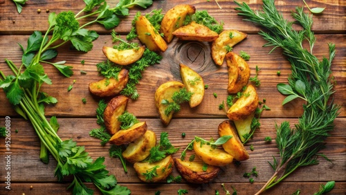 A vibrant still life arrangement of French alphabet letter-shaped crispy fried potatoes on a rustic wooden table, surrounded by lush green herbs and soft lighting. photo