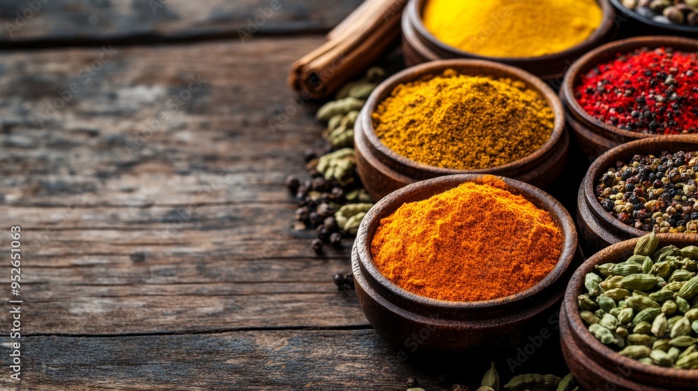 Close-up of a vibrant array of Indian spices in decorative bowls, including turmeric, cumin, and cardamom, arranged on a rustic wooden surface. Close-up of a vibrant array of Indian spices in decorative bowls, including turmeric, cumin, and cardamom, arranged on a rustic wooden surface.
