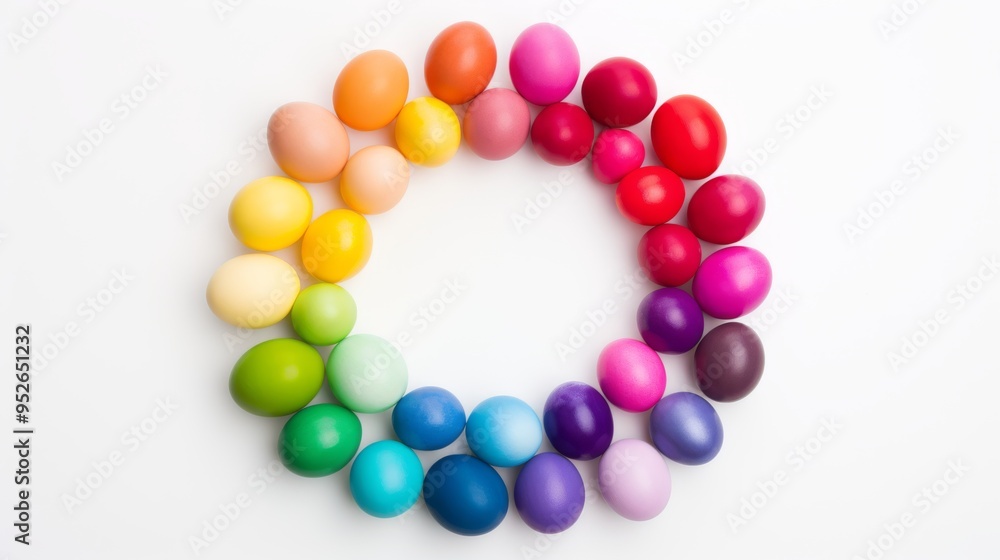 Colorful rainbow circle of dyed easter eggs arranged on white background, vibrant holiday decoration symbolizing spring celebration and festive traditions.
Colorful rainbow circle of dyed easter eggs arranged on white background, vibrant holiday decoration symbolizing spring celebration and festive traditions.