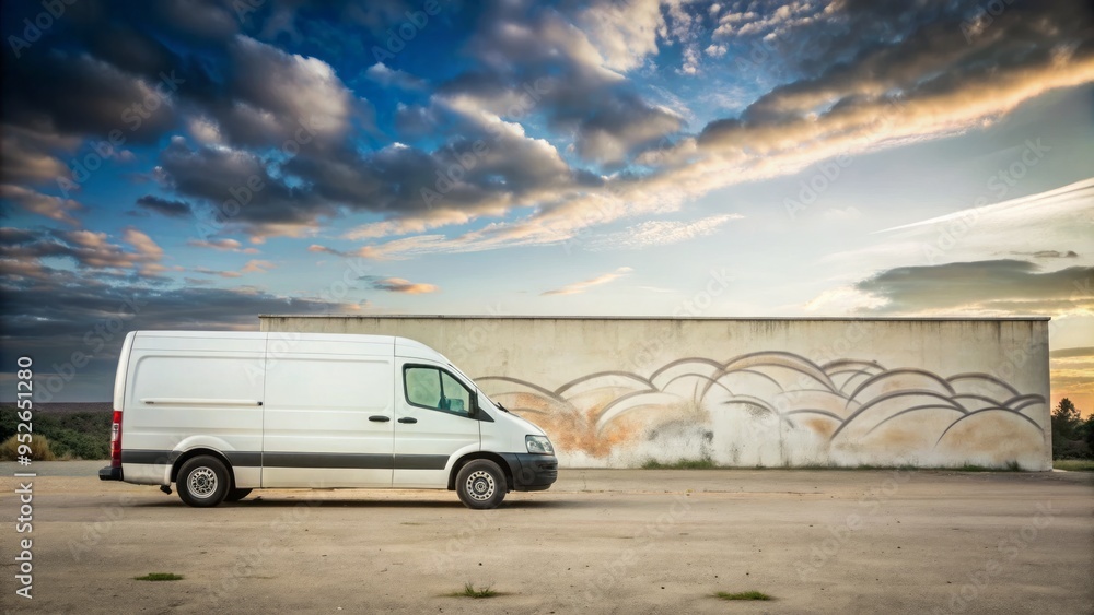 A white van parked in a vast, open landscape with a blank graffiti wall in the background, awaiting artistic expression. A white van parked in a vast, open landscape with a blank graffiti wall in the background, awaiting artistic expression.