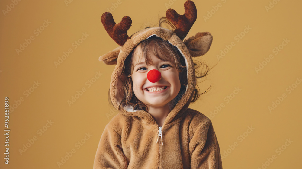 Cheerful child is having fun wearing a reindeer costume with antlers and a red nose for christmas Cheerful child is having fun wearing a reindeer costume with antlers and a red nose for christmas