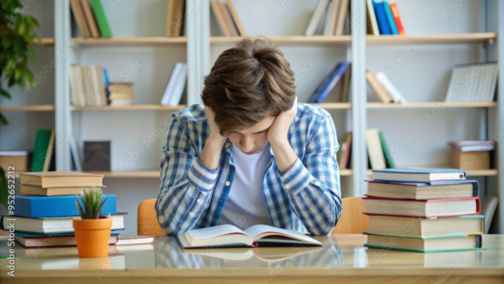 A young student sits alone at a desk, surrounded by books and notes, with their head in their hands, overwhelmed by emotions and academic pressure. A young student sits alone at a desk, surrounded by books and notes, with their head in their hands, overwhelmed by emotions and academic pressure.