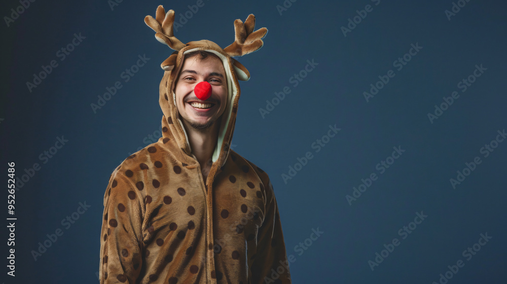 Festive young guy dons a reindeer outfit and pulls a silly expression for the holiday season