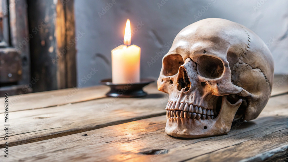 Skull and single candle on wooden surface, hauntingly eerie atmosphere Skull and single candle on wooden surface, hauntingly eerie atmosphere