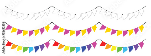 party flag decorations, available in white, two colors, and rainbow, birthday and anniversary celebrations. editable vector eps 10.