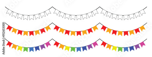 party flag decorations, available in white, two colors, and rainbow, birthday and anniversary celebrations. editable vector eps 10.