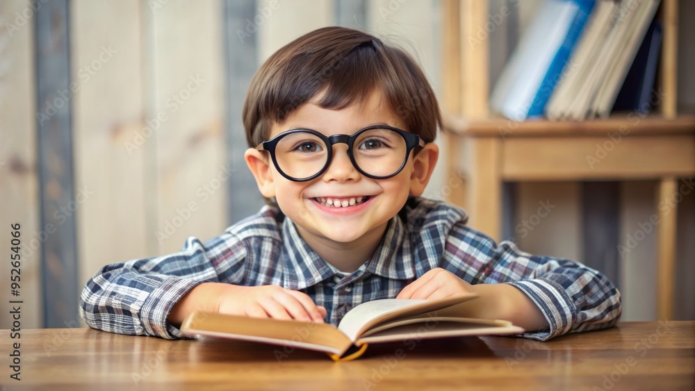 Adorable young boy with round glasses and a toothy smile, sitting at a desk with a book, looking curious and endearing in a sweet innocence. Adorable young boy with round glasses and a toothy smile, sitting at a desk with a book, looking curious and endearing in a sweet innocence.