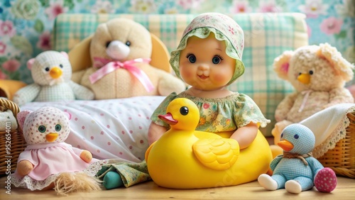 Adorable yellow rubber duck perches on a vintage porcelain doll's lap, surrounded by soft pastel fabrics and toys, evoking a sense of whimsical childhood nostalgia.