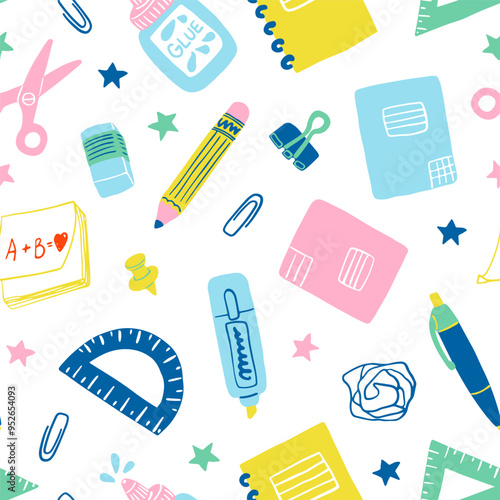 Cute school things, stationery seamless pattern. Office, school supplies repeat background. Notebook, pen, pencil, ruler, paper clip, glue, eraser, scissors, paper.