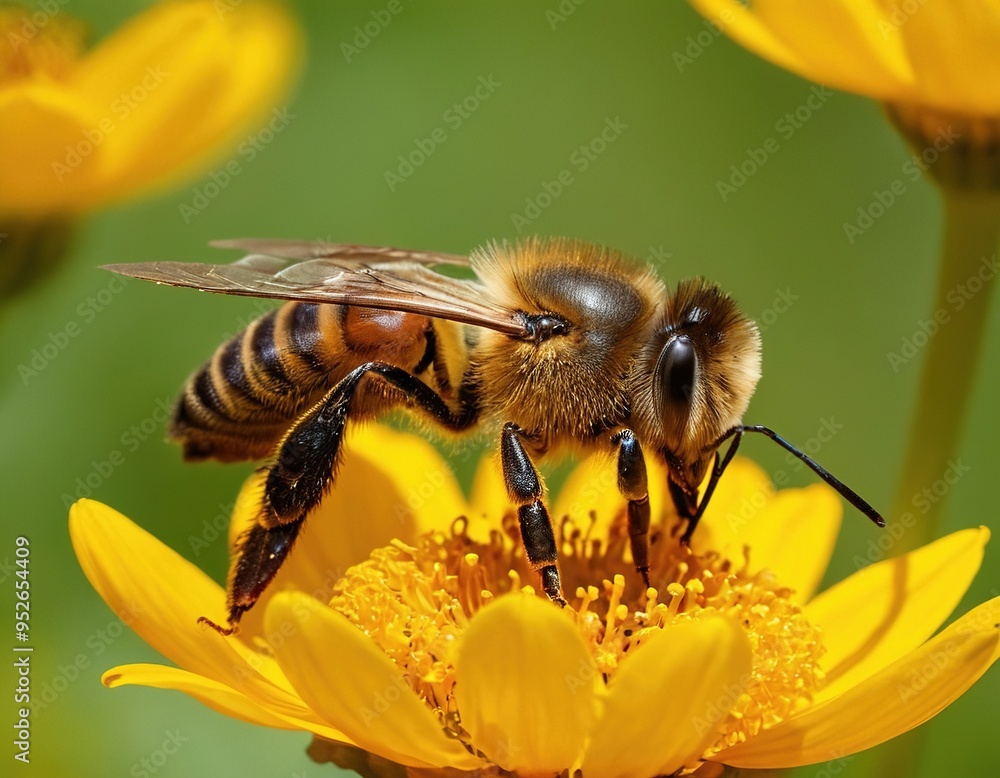 A close-up of a bee collecting pollen from a yellow flower, showcasing its intricate details and the beauty of nature's symbiotic relationship. A close-up of a bee collecting pollen from a yellow flower, showcasing its intricate details and the beauty of nature's symbiotic relationship.