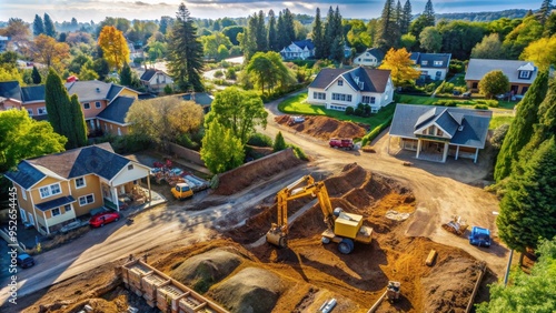 Aerial view of a suburban residential construction site with excavation equipment and machinery digging into the earth, surrounded by trees and neighboring houses.