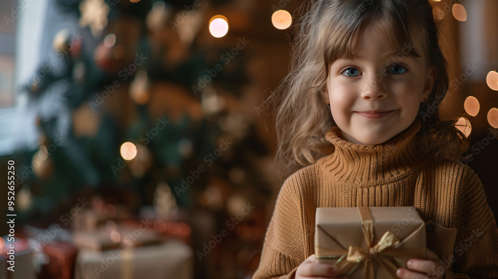 Young girl is smiling while holding a christmas present in front of a decorated christmas tree Young girl is smiling while holding a christmas present in front of a decorated christmas tree