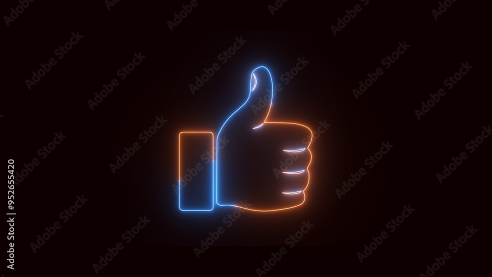 neon thumbs up or like on the black background. Social media network concept. Like neon blue line icon. Glowing sign neon thumbs up or like on the black background. Social media network concept. Like neon blue line icon. Glowing sign