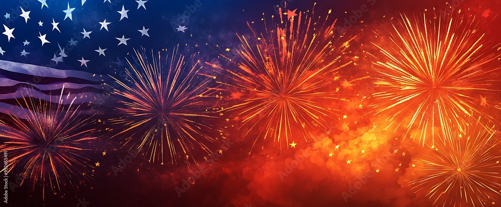 Fototapeta premium Fireworks exploding against a red, white and blue American flag background.